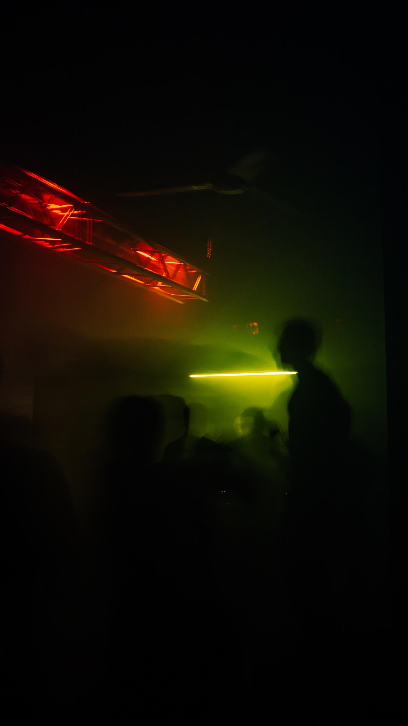Crowd silhouettes under green and red light